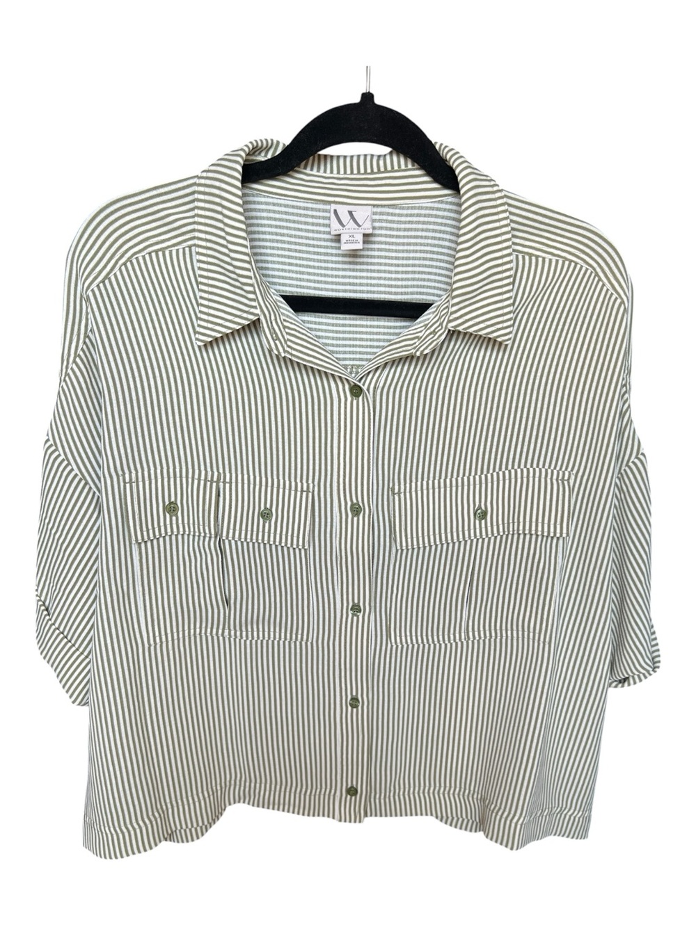 Worthington Green and Off-White Striped Button-Down Shirt, Cropped